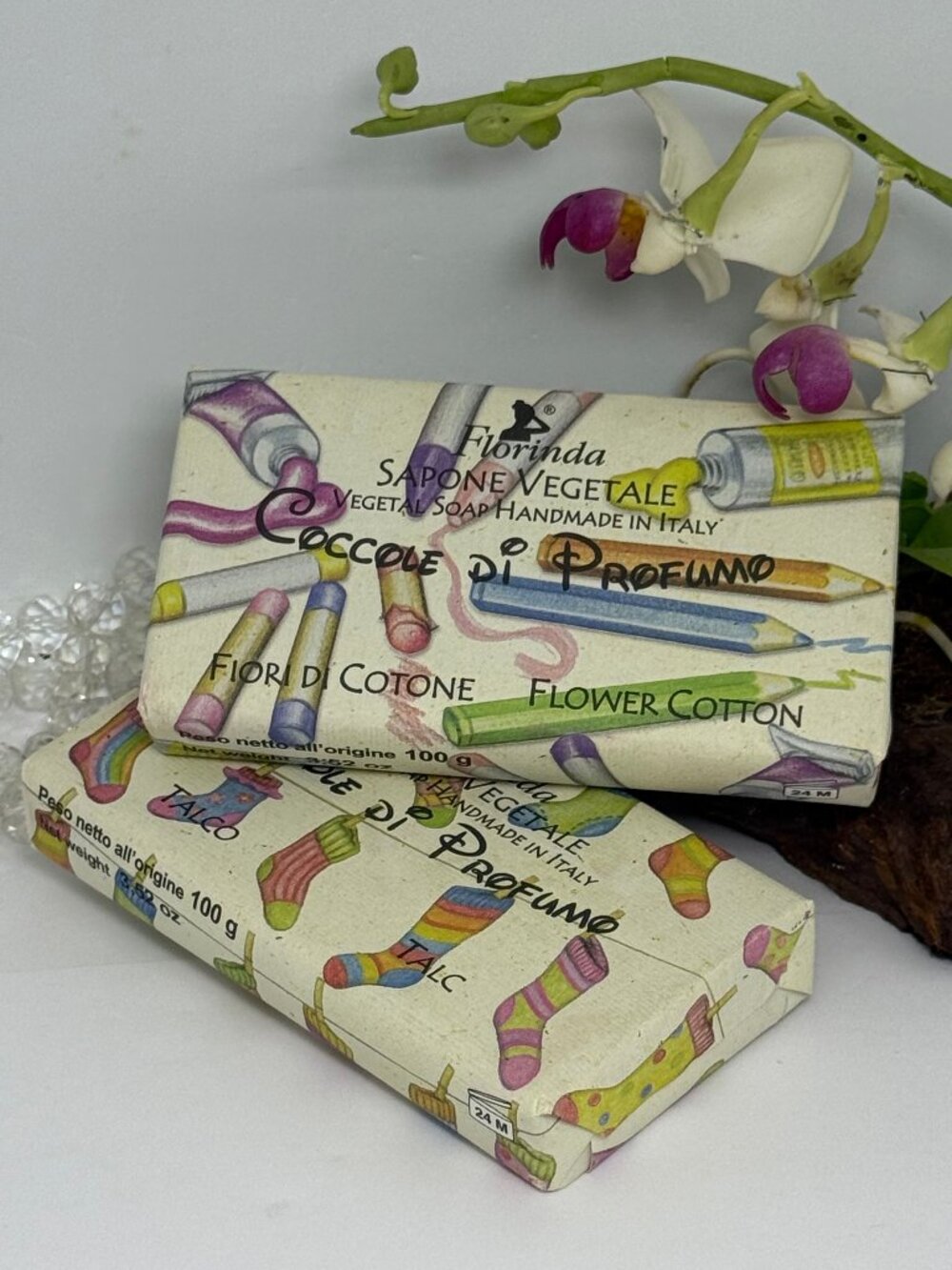 2x Florinda Vegetable Perfumed Bath Soap - Talc & Flower Cotton - 3.52 oz - New